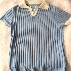 Light Blue Ribbed Knit Polo with Cream Trim